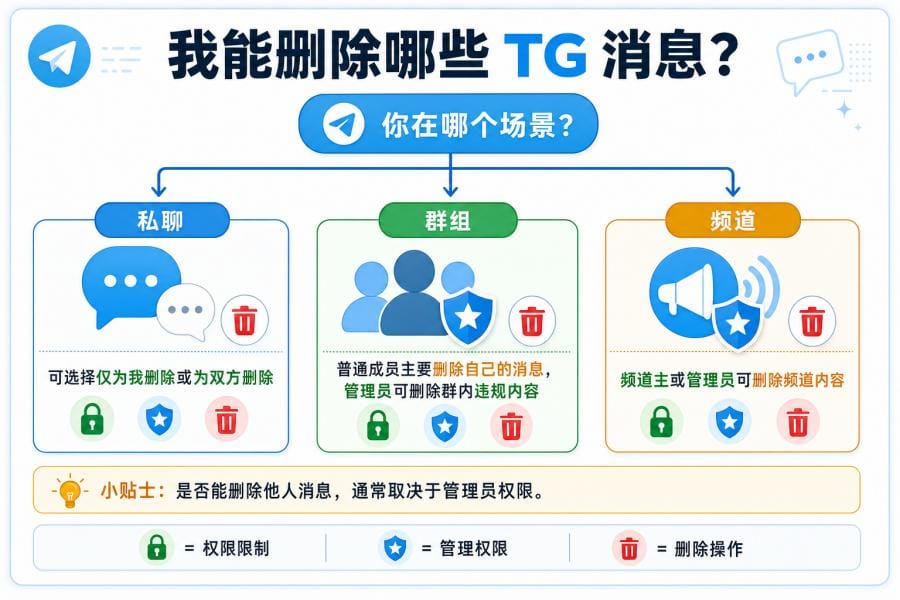 不同场景下 Telegram 批量删除权限