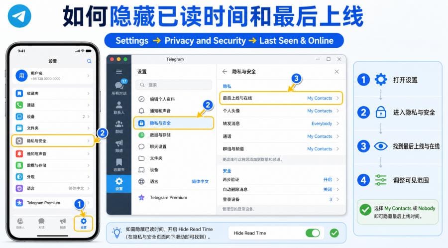 TG 怎么关闭已读状态？Telegram 隐藏已读时间与预览消息教程 配图 1
