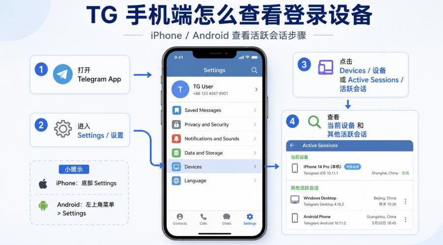 TG 怎么查看登录设备？手机和电脑端查看活跃会话教程 配图 1
