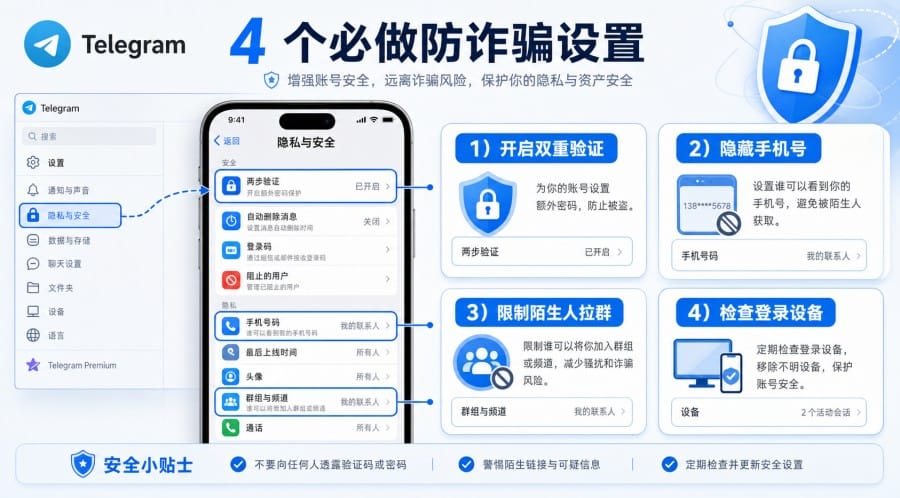 TG 如何防诈骗？新手安全设置、隐藏手机号与骗局识别指南 配图 2
