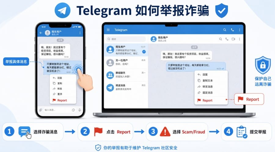 TG 群诈骗怎么办?Telegram 举报、止损与账号安全教程 配图 2