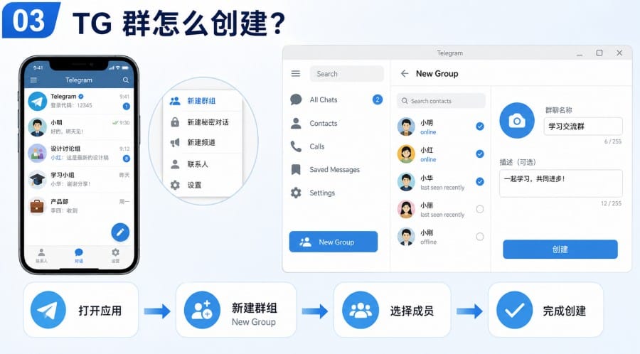 TG 群怎么创建？手机、电脑建群与公开私密设置指南 illustration